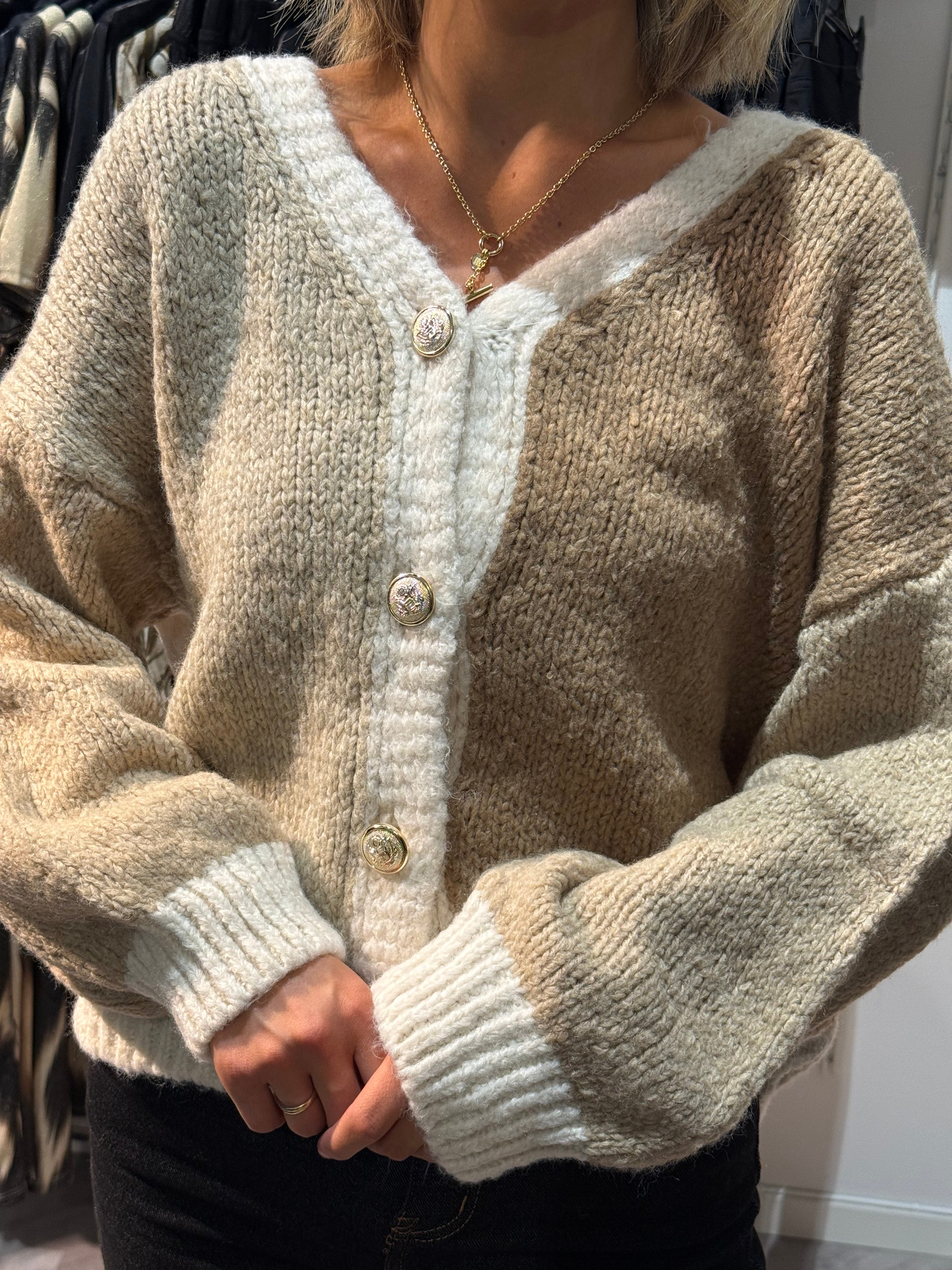 BLOCK PATTERNED KNITTED CARDIGAN