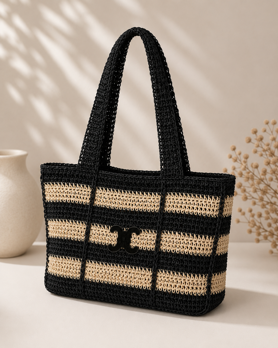 CC STRIPED STRAW TOTE – BLACK