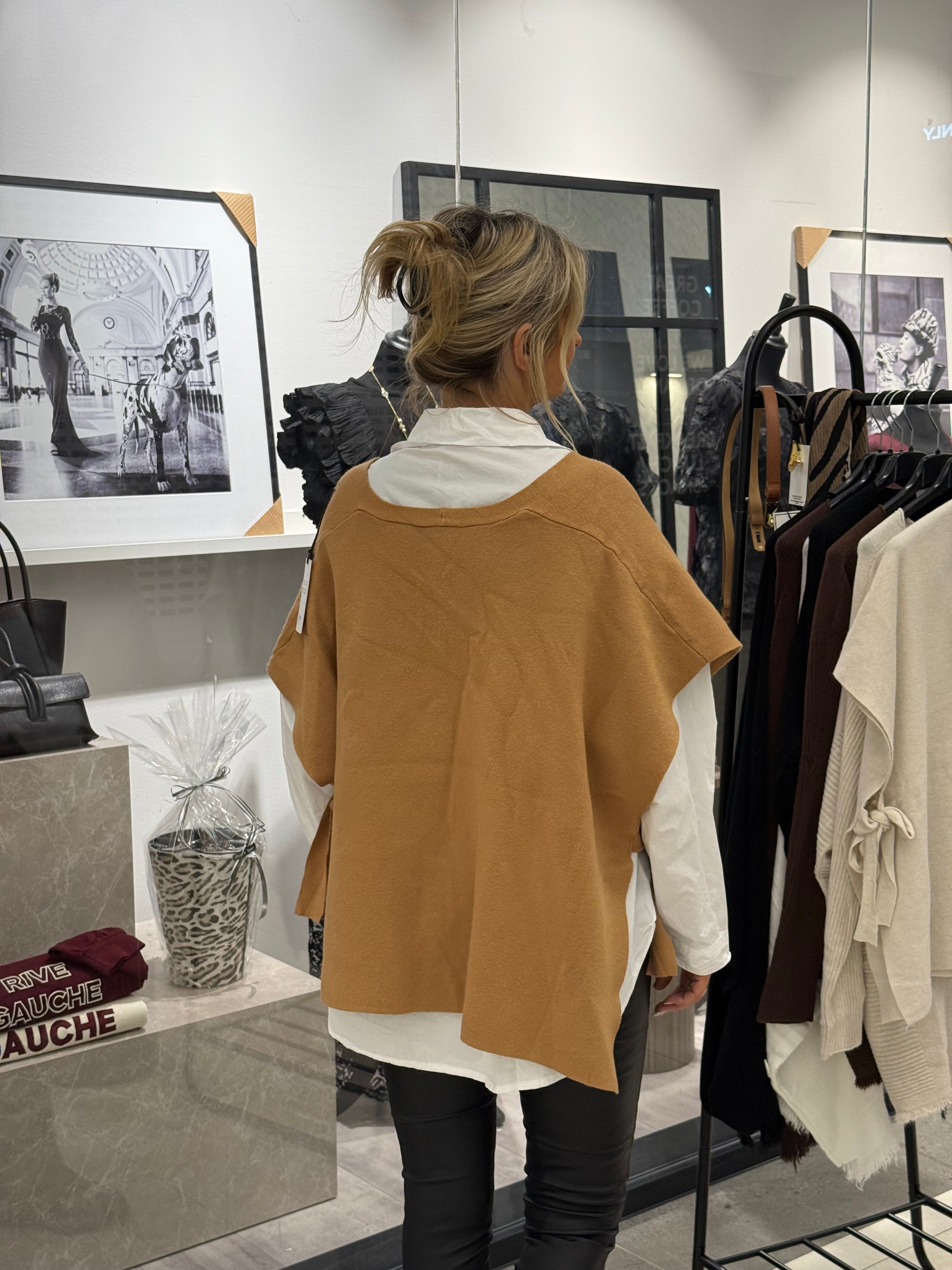 Camel-colored vest with tie detail