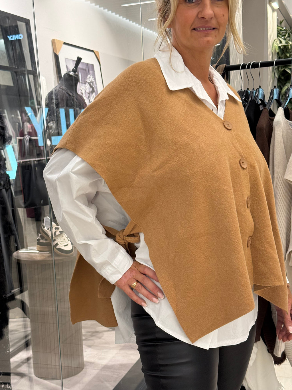 Camel-colored vest with tie detail