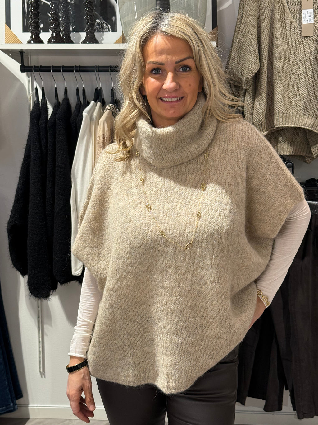 KNITTED SWEATER WITH POLO NECK- beige