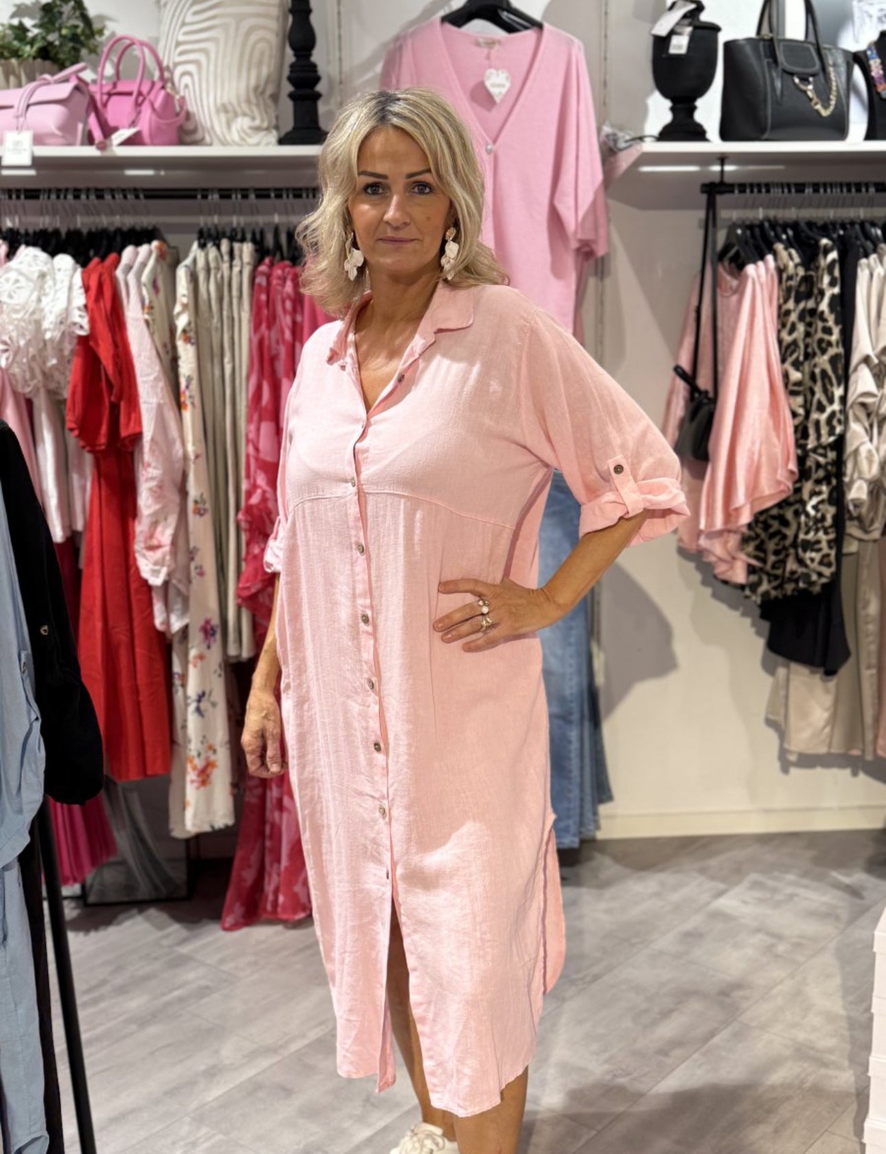 Anette linne skjorta lång ljusrosa