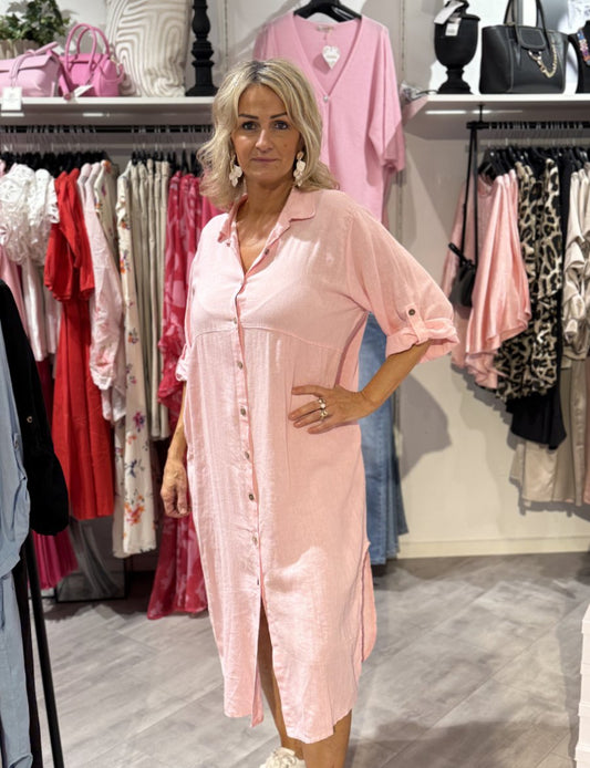 Anette linne skjorta lång ljusrosa