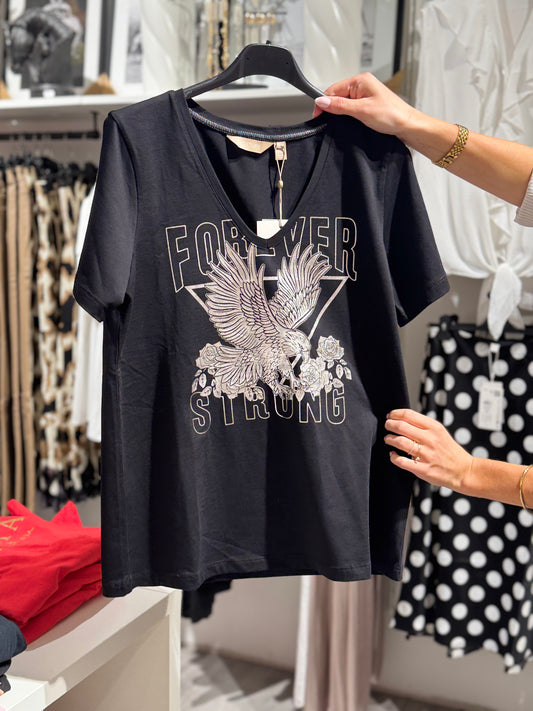 T-shirt v-ringad med silver tryck