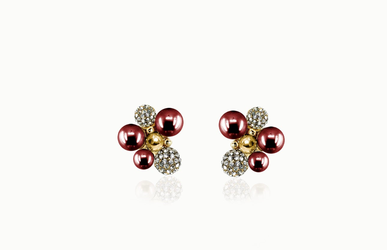 BERRY PEARL SPARKLE STUD EARRINGS - WINE RED