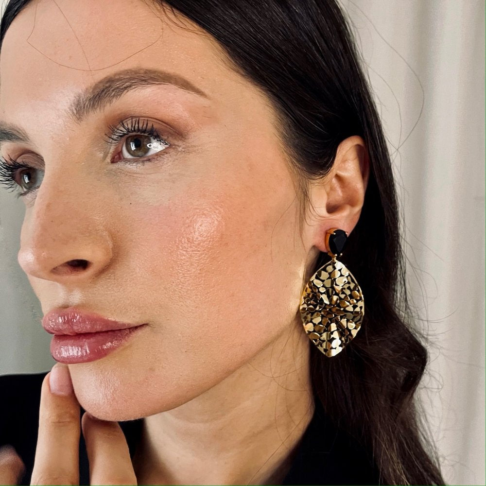 LEAF CRYSTAL EARRING BLACK/GOLD