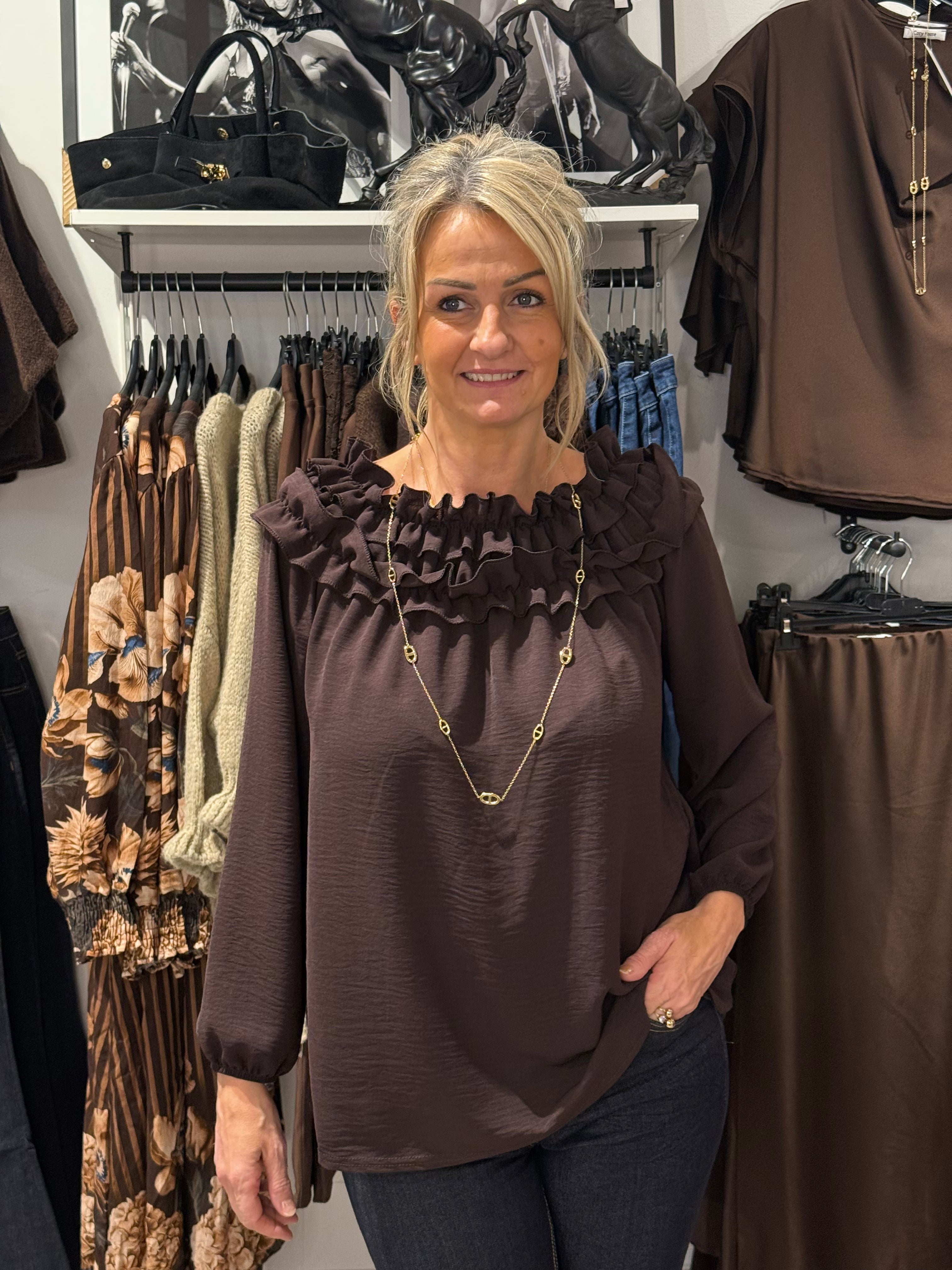 Blouse with ruffle - brown