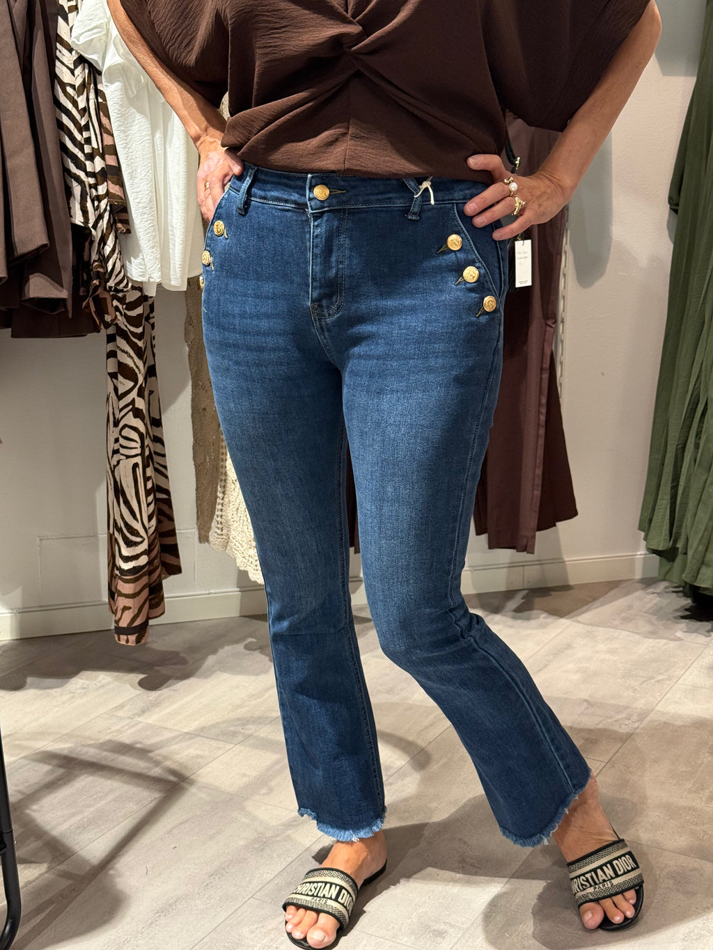Flared jeans med guldknappar blå